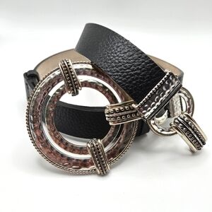 Chico's Circular Abby Belt Genuine Black Leather Silver Tone Hardware S/M